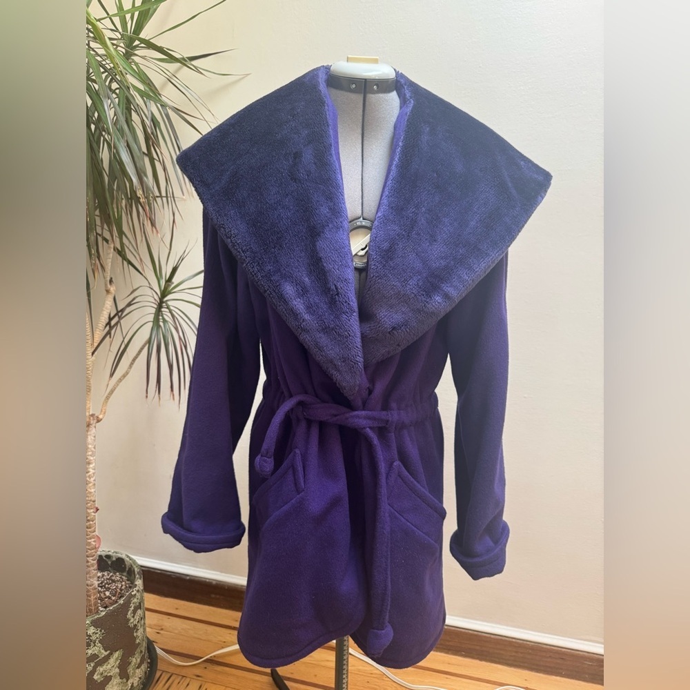 Vintage Deep Purple Faux Fur Trim Wool Robe Coat